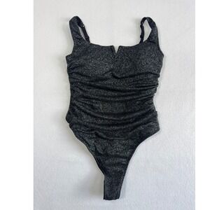 Glam‎ Popilush Ruched Shimmer Bodysuit Women Small Black Silver Metallic